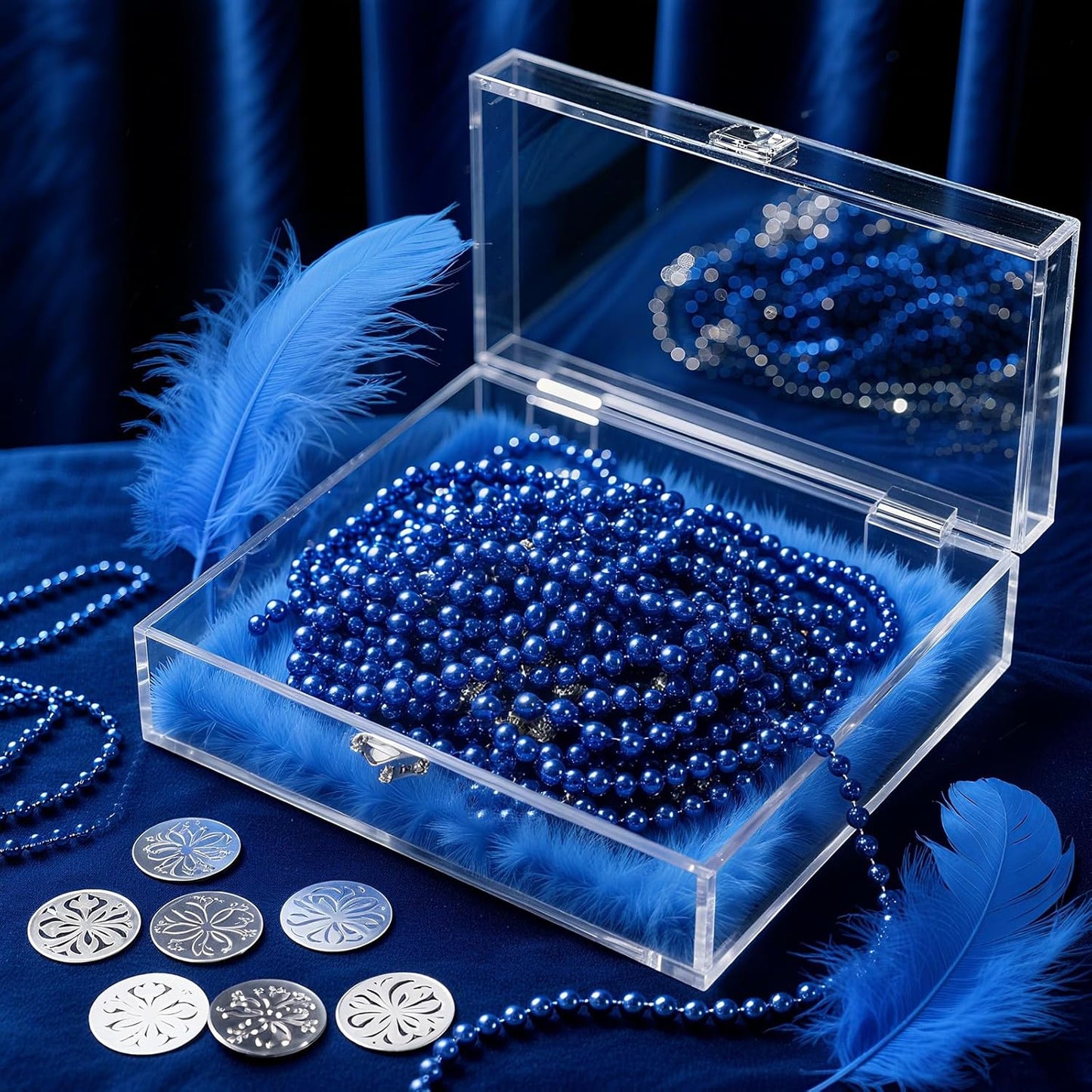 220 PCS Blue Bead Necklace, 33 Inch Mardi Gras Christmas Beads, Bulk Metallic Party Beads for Mardi Gras Parade, St Patricks Day, Wedding, Birthday, Pirate Carnival Party Favors