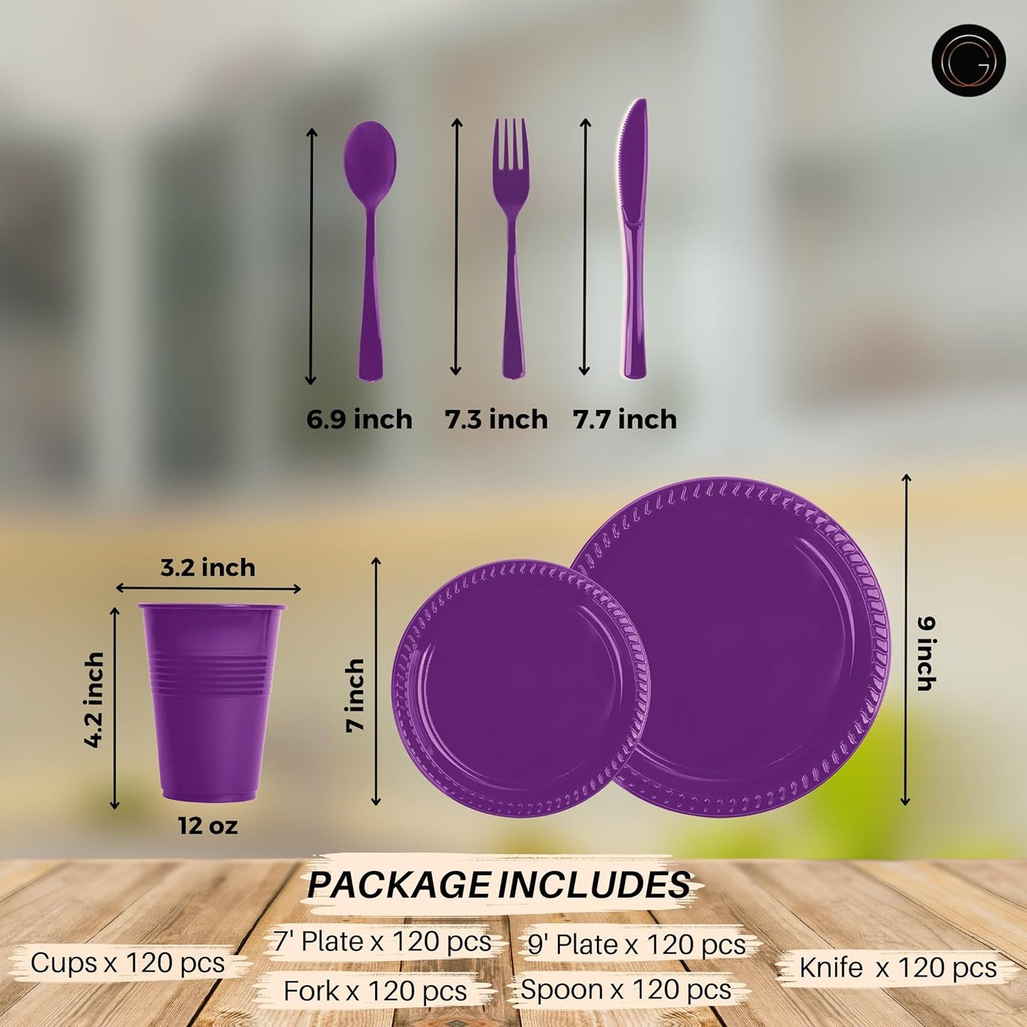 Grandipity 720 Piece Purple Disposable Dinnerware Set, Plastic Dinnerware Set Includes 120 Count 9' Dinner Plates, 7' Dessert Plates, 12oz Cups, Forks, Knives & Spoons