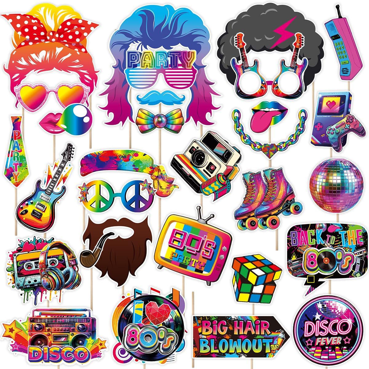 80s Photo Booth Props, Tumwisk 30PCS 80s Party Decorations, Back to 1980s Birthday Photo Booth Props，Funny Selfie Props for Hippie Rock and Hip Hop Retro Theme Party Supplies Favors