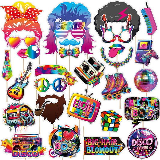 80s Photo Booth Props, Tumwisk 30PCS 80s Party Decorations, Back to 1980s Birthday Photo Booth Props，Funny Selfie Props for Hippie Rock and Hip Hop Retro Theme Party Supplies Favors