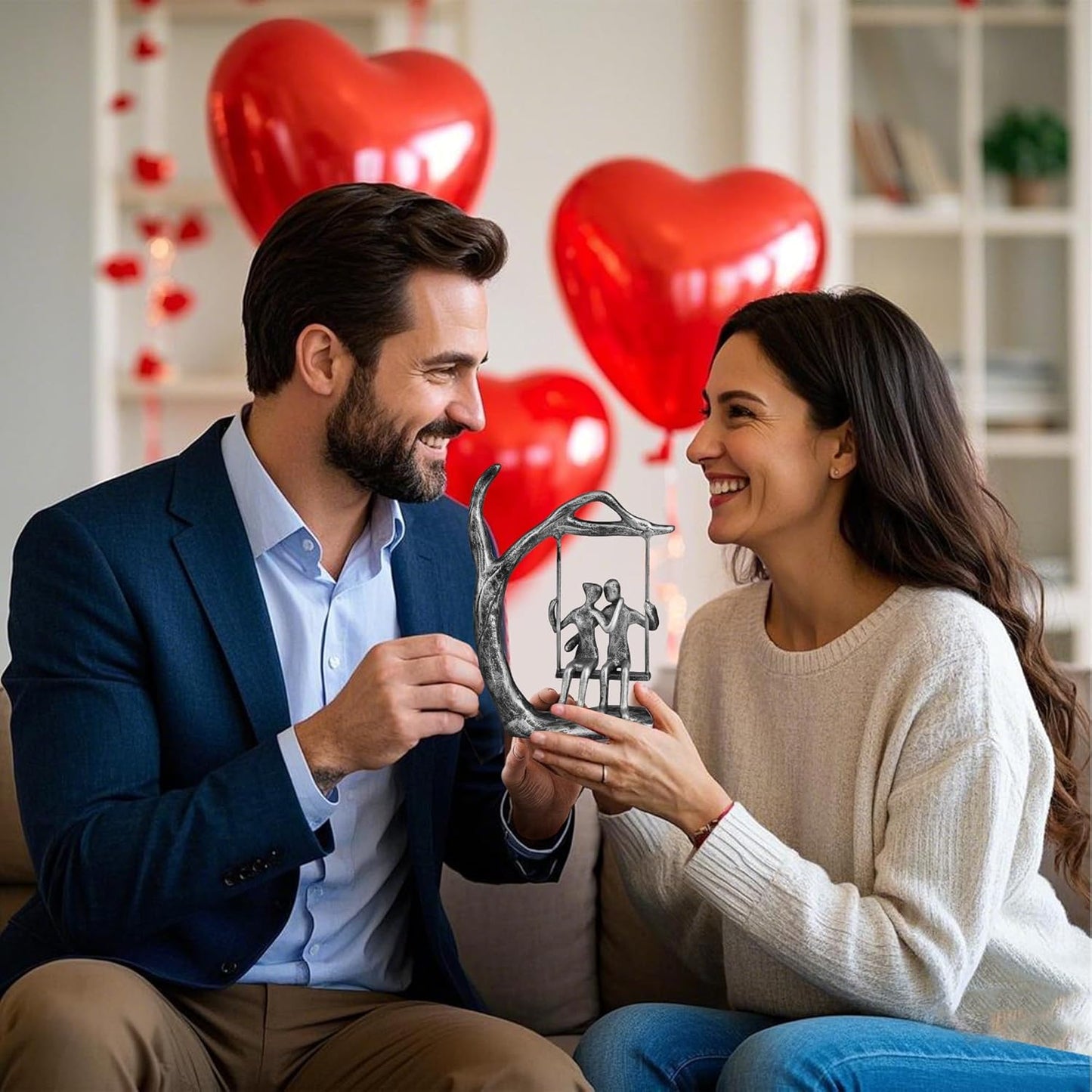 Anniversary Wedding Gifts for Couple/Her - Romantic Couple Statue in Love, Antique Silver Metal Figurine Sweet Loving Together Iron Sculpture Decor, Birthday Gifts for Wife Husband