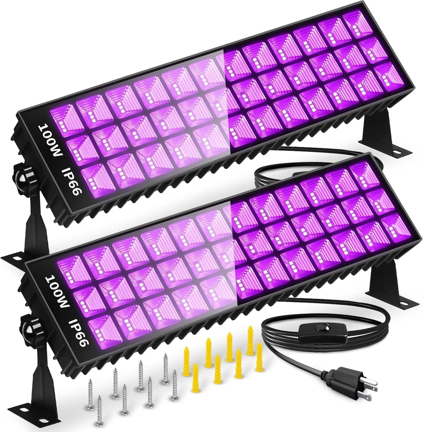 2 Pack 100W LED Black Lights Bar, Black Light for Glow Party, 385-400nm Blacklight Flood Light for Blacklight Party, Bedroom, Halloween, Fluorescent Poster, Body Paint