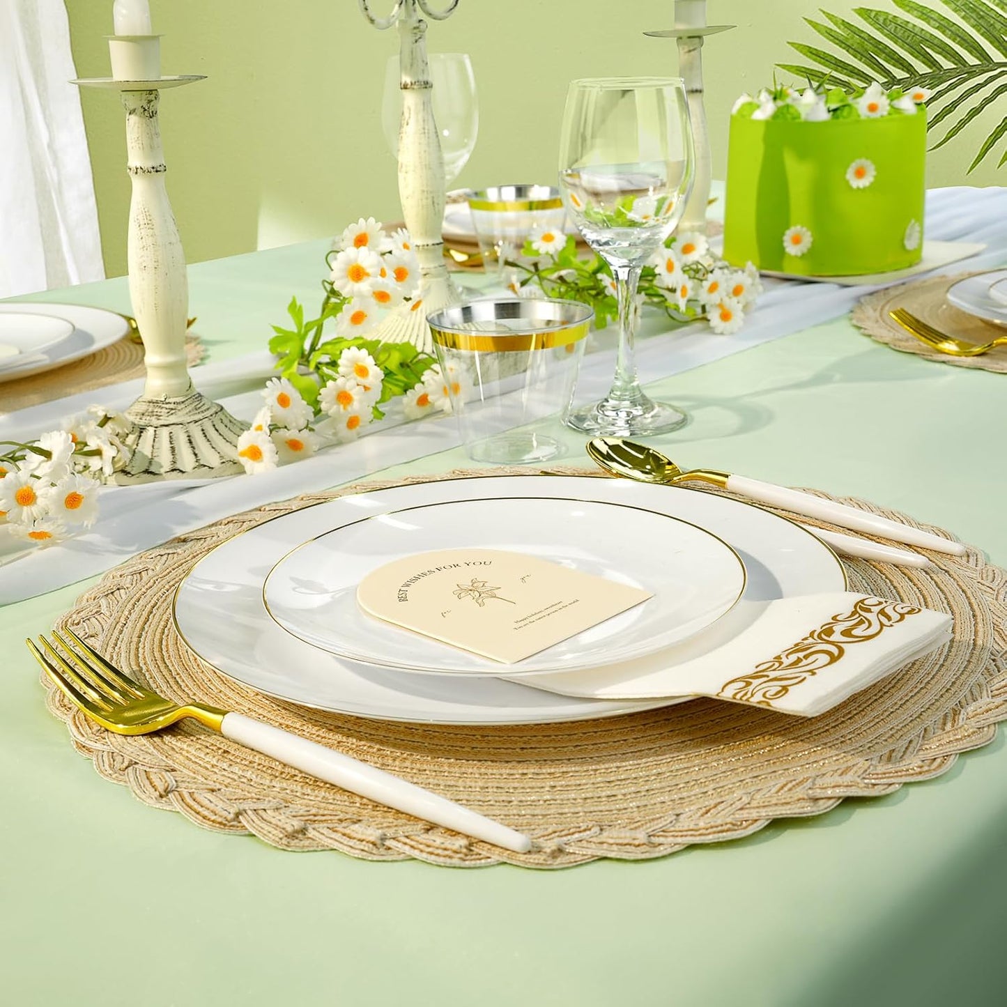 350 Pieces White Gold Plastic Dinnerware Set, Gold Disposable Plates for Party, Graduation, Include 100 White Plates with 150 Plastic Cutlery, 50 Napkins and 50 Cups