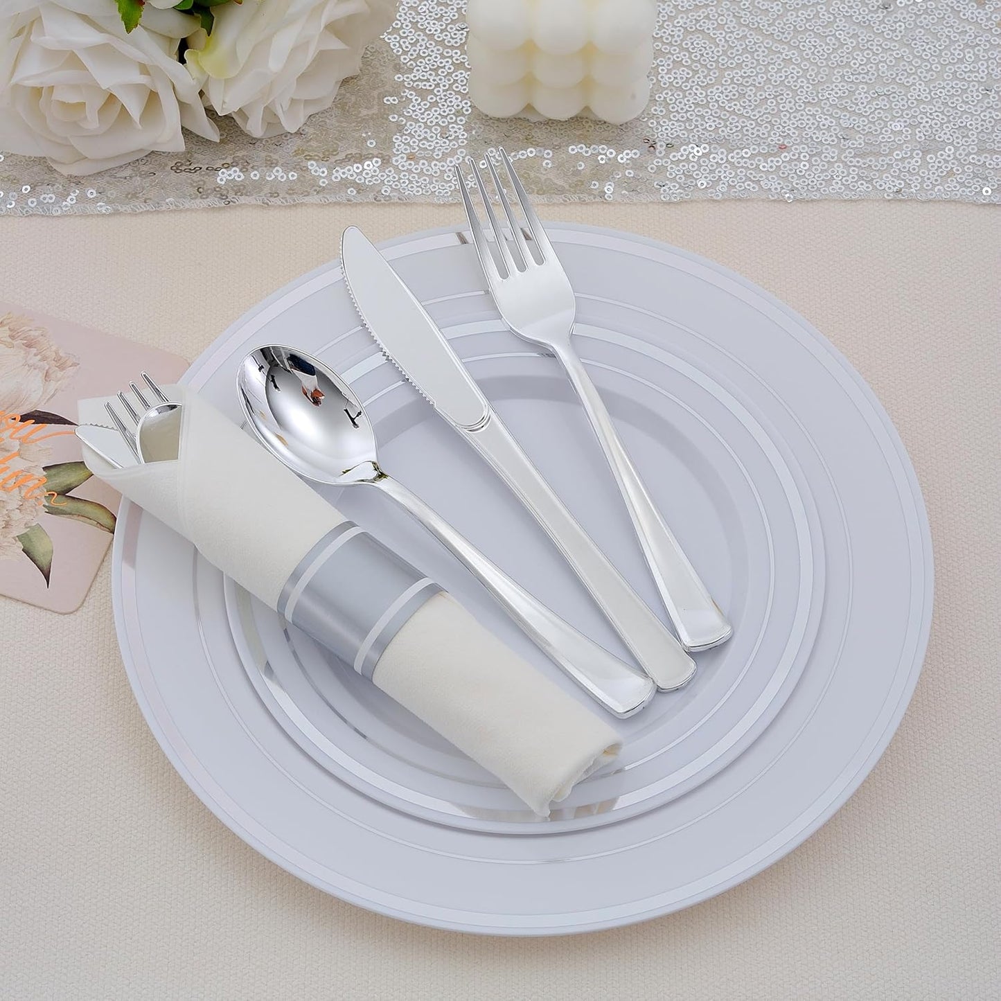 100 Pack Pre Rolled Silver Plastic Silverware Set with Napkins,Disposable Wrapped Heavy Duty Cutlery Set for Wedding Birthday Party-100 Forks,Knives,Spoon,Utensils Set,Plasticware Bulk