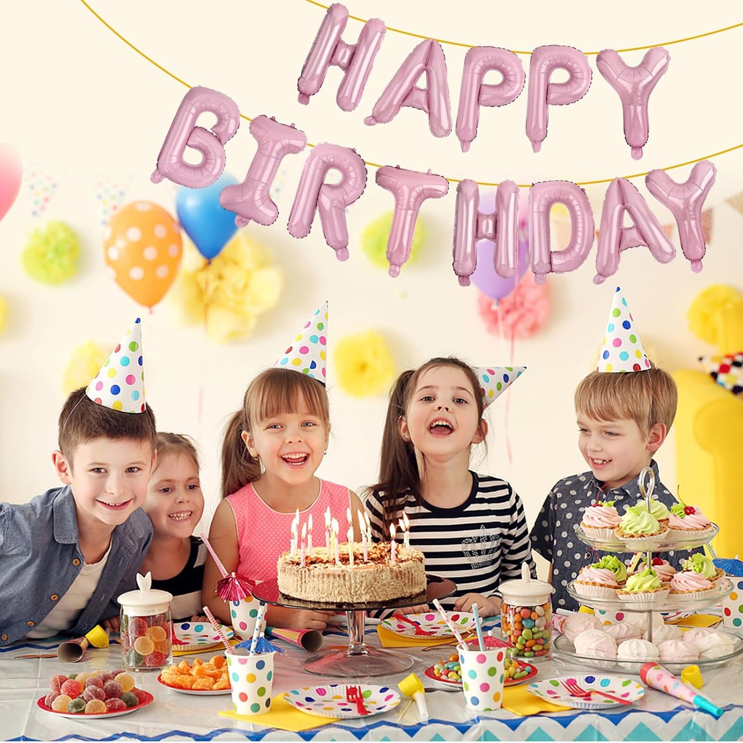 LIOZEOKUN Happy Birthday Balloon Letters 16 inch Mylar Foil Birthday Balloons Banner Sign for Birthday Party Decorations Supplies (Light pink)