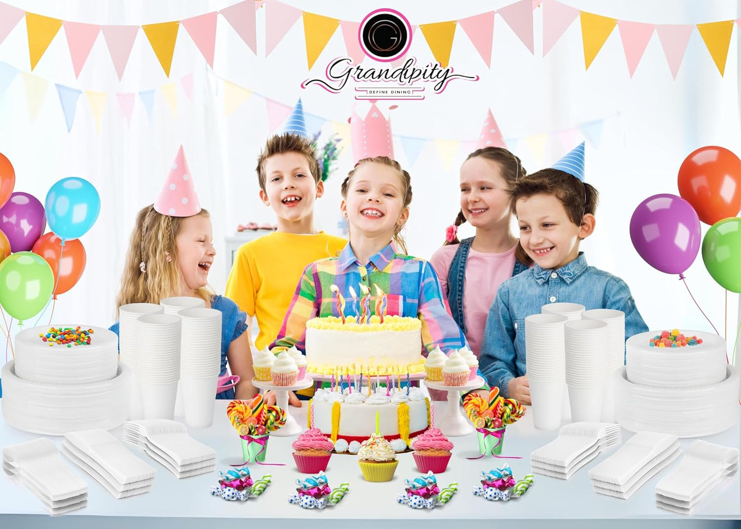 Grandipity 720 Piece White Disposable Dinnerware Set, Plastic Dinnerware Set Includes 120 Count 9' Dinner Plates, 7' Dessert Plates, 12oz Cups, Forks, Knives & Spoons