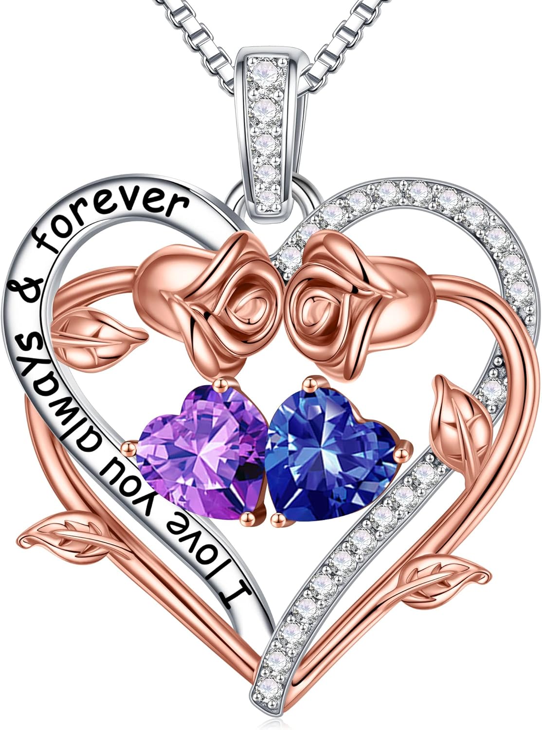 Iefil Rose Heart Double Birthstone Necklace Gifts for Wife Her Mom Women, Birthstone Jewelry Gemstone Birthday Gifts for Girlfriend Grandma Her Wife Women