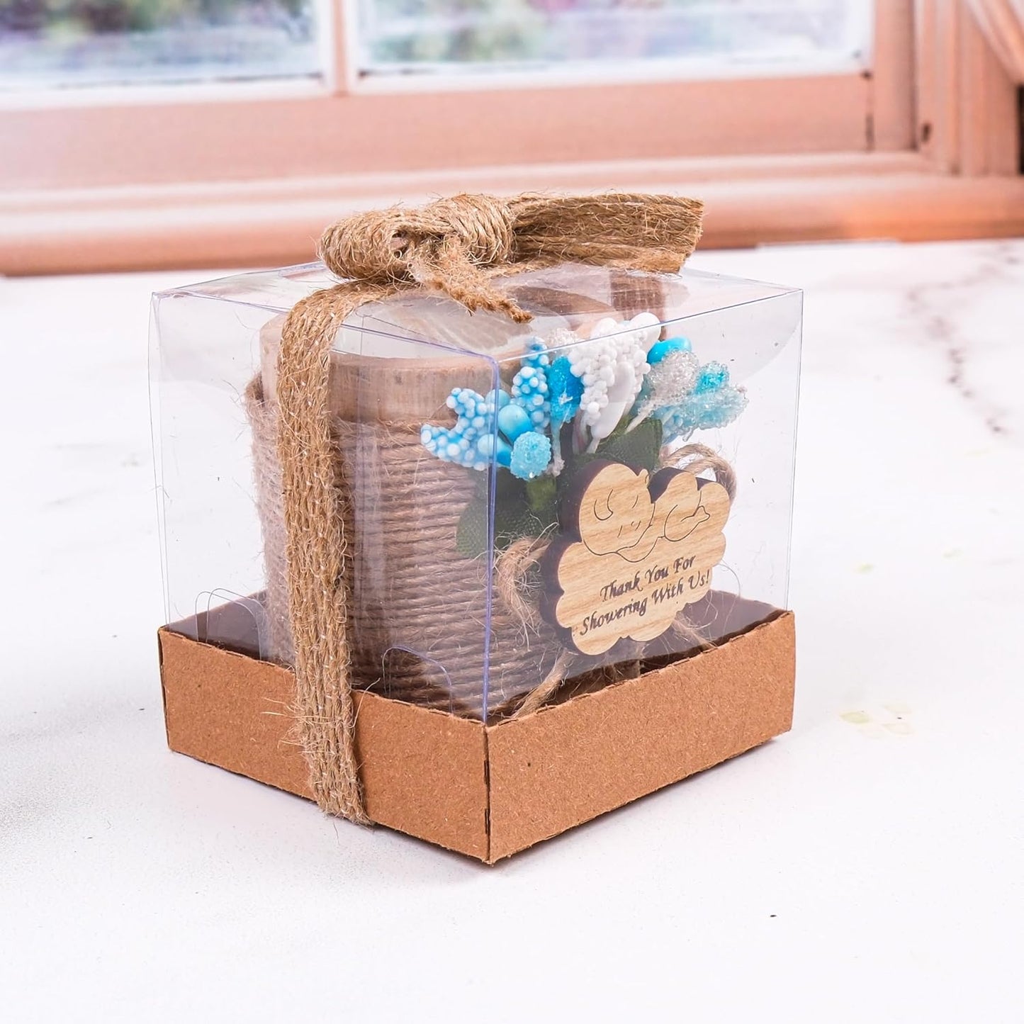 HTF Pack of 10 Baby Shower Decorations Wood Tealight Candle Holder, Gender Reveal Favors, Babyshower Wood Candle Holders (BS-Blue, Light Brown)