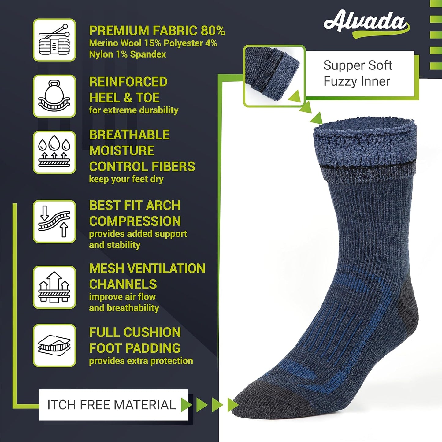 Alvada Warm Thermal Wool Socks for Winter Moisture Wicking and Breathable Cozy Boot Socks