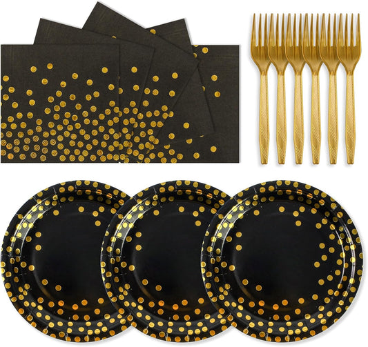 75PCS Paper Plates and Napkins Set - Black and Gold Dot Disposable Party Dinnerware Includes Paper Plates, Napkins, Forks Decorations for 2025 Graduations, Birthdays and Weddings, Serves 25