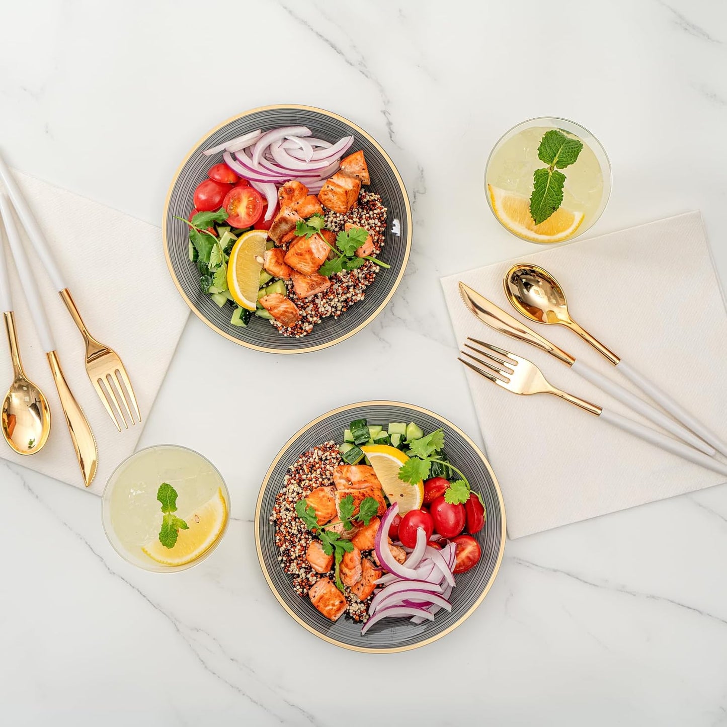 Restaurantware Plastic Plates 100 Pcs 7.25" Gold Rimmed Disposable Plates Heavy-Duty Black Translucent Rippled Plastic Dinner Servers for Party, Weddings, Salads, Desserts, and Appetizers