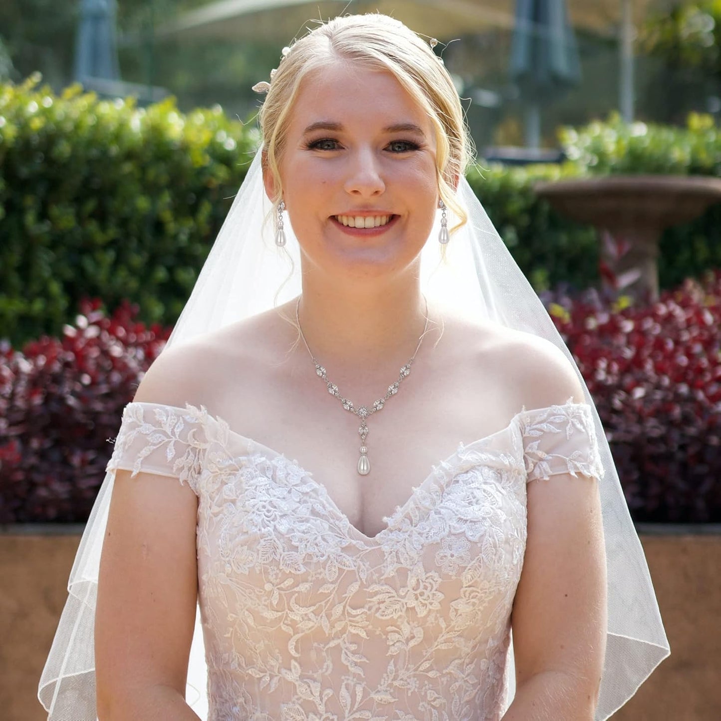 EleQueen Women's Simulated Pearl Wedding Jewelry Set, Cubic Zirconia Marquise Floral Bridal Necklace Earrings Bracelet Sets