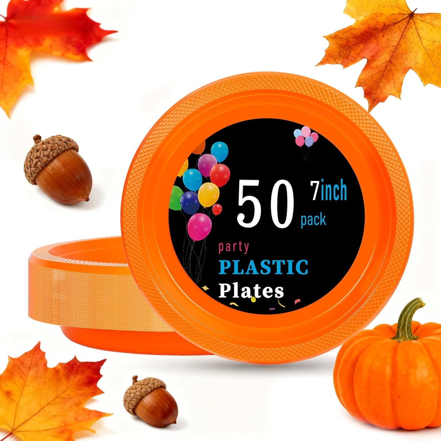 WELLIFE Orange Plastic Plates 7 Inch 50 Count Disposable Plate Thanksgiving Plates for Party, Dessert Small Plate for Dinner Cake Salad Supplies Birthday