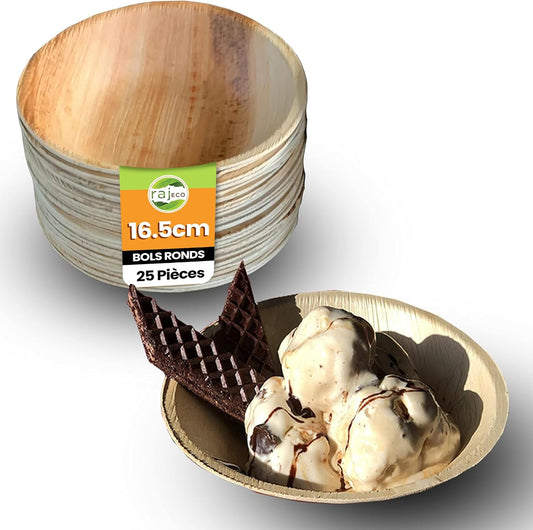 Raj Disposable Palm Leaf Bowls (25 Count, 6.5" Bowls) Strong Bowl Like Bamboo Party Bowl - Decorative Compostable Tableware for Lunch, Dinner, Camping, Outdoor, BBQ, Picnic, Parties