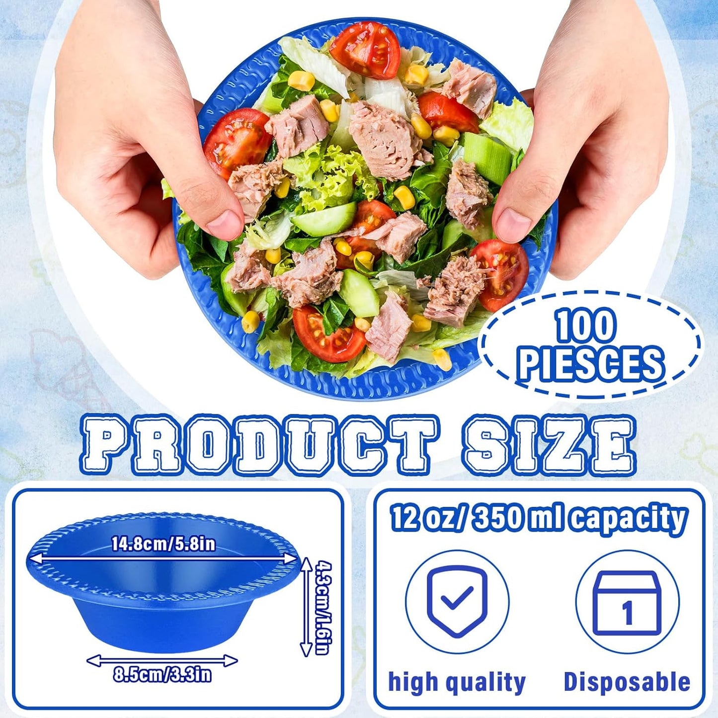 Lallisa 100 Pcs 12oz Blue Disposable Plastic Bowls Dessert Cups Ice Cream Snack Salad Soup Food Serving Bowls for Party Favor Picnic