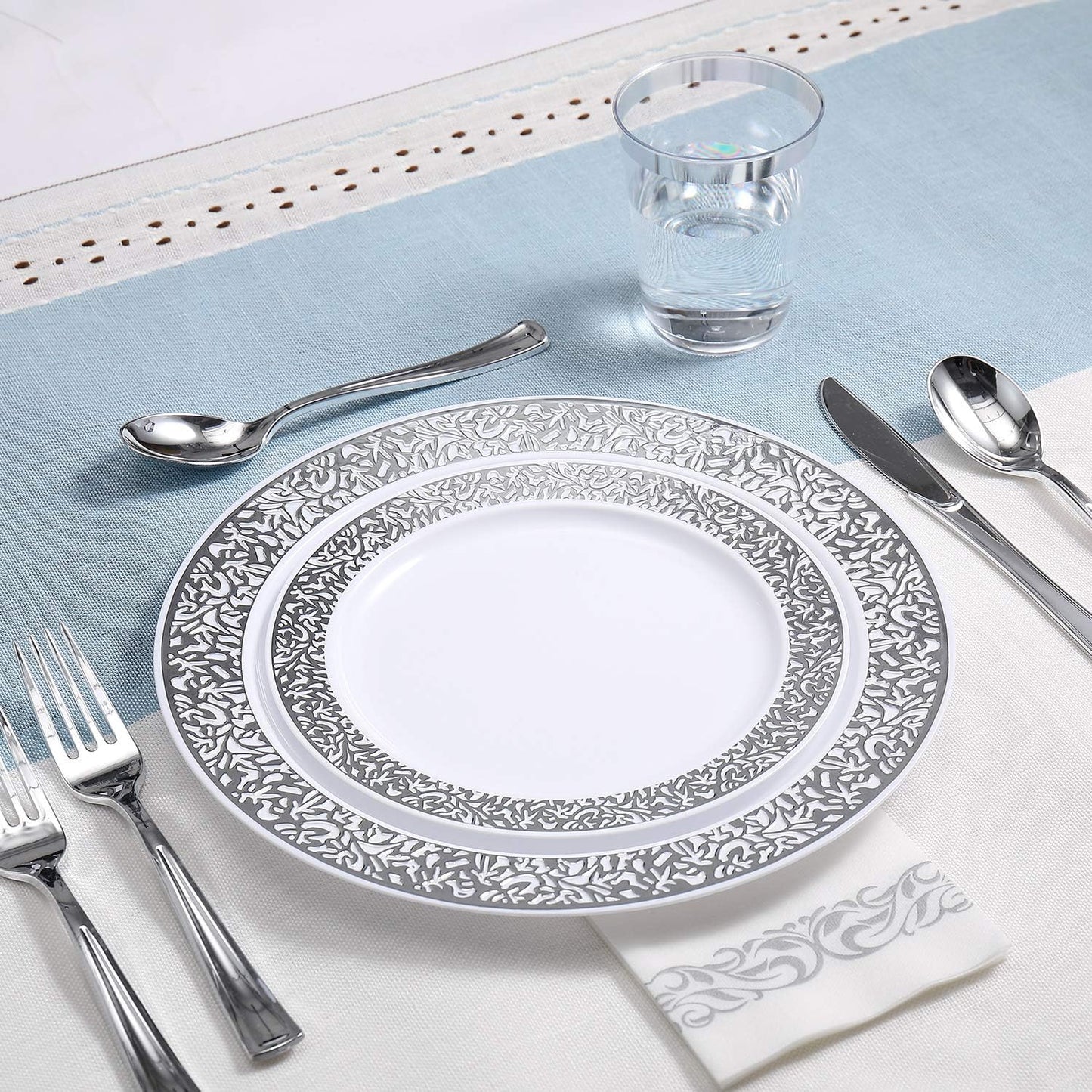 FOCUSLINE 175 Ct Silver Dinnerware Set for 25 Guests, Plastic Plates with Silver Lace Rim Design, Including 25 Disposable Dinner & Dessert Plates, Cups, Napkins, Cutlery Set