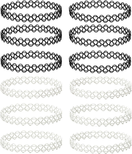 BodyJ4You 12PC Tattoo Choker Necklace - 90s Accessories 2000s Jewelry Y2K Fashion Vintage Trendy - Rainbow Goth Black Pink Green Blue White - Adjustable Stretchy Elastic Necklace Summer Vacation Set