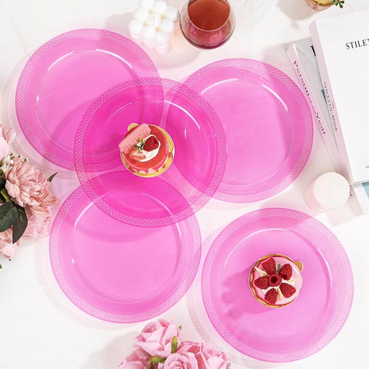 WELLIFE Neon Pink Party Plates 7 Inch -150 Count, Translucent Pink Plastic Disposable Dessert Neon Plates for Fluorescent Neon Theme Party Cake Salad Appetizers Easter Baby Shower Mother's Day
