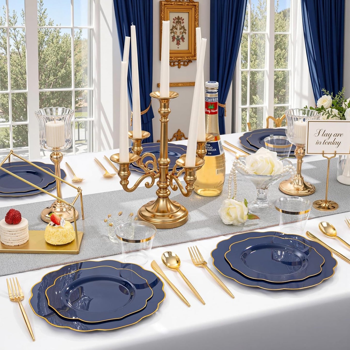 bUCLA 180PCS Blue Plastic Plates - Navy Blue and Gold Rim Disposable Include 30 Each (Dinner & Dessert) Plates, 30 Knives, 30 Forks, 30 Spoons and 30 Cups, Ideal for Party & Gathering