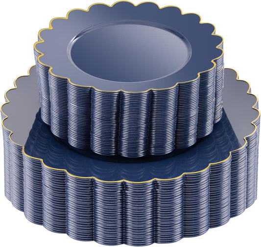 LIYH 60 Pcs Navy Blue Plastic Scalloped Plates with Gold Rim, Dark Blue Disposable Plates for Party Included 30 Dinner Plate 10.25 Inch,30 Dessert Plate 7.5 Inch Elegant Dishes Tableware