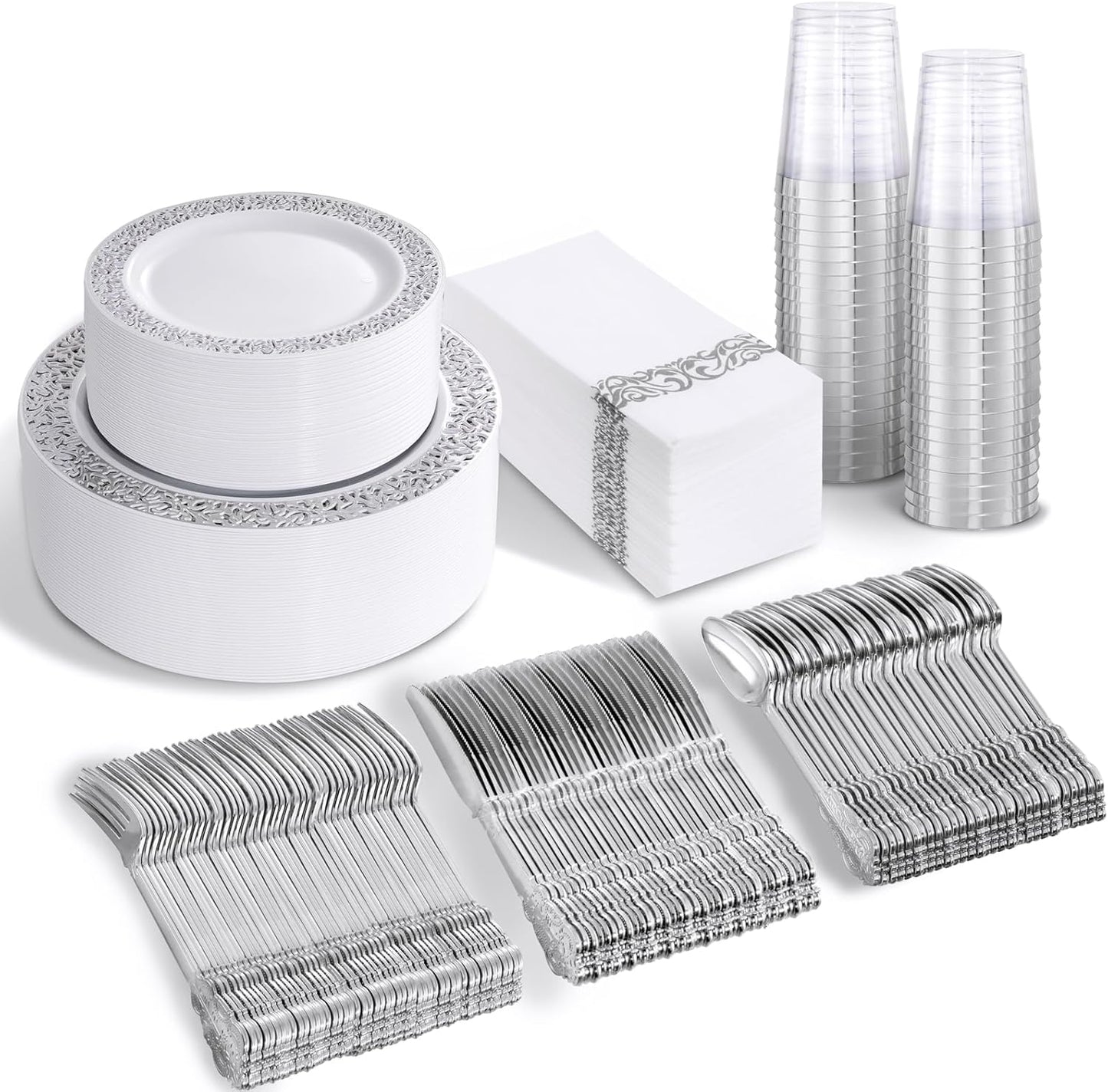 bUCLA 350PCS Silver Plastic Dinnerware Set - Silver Plates Disposable Lace Design for 50 Guests Include 100 Plates,50 Forks,50 Knives,50 Spoons,50Cups,50 Napkins,Ideal for Party,Wedding&Christmas
