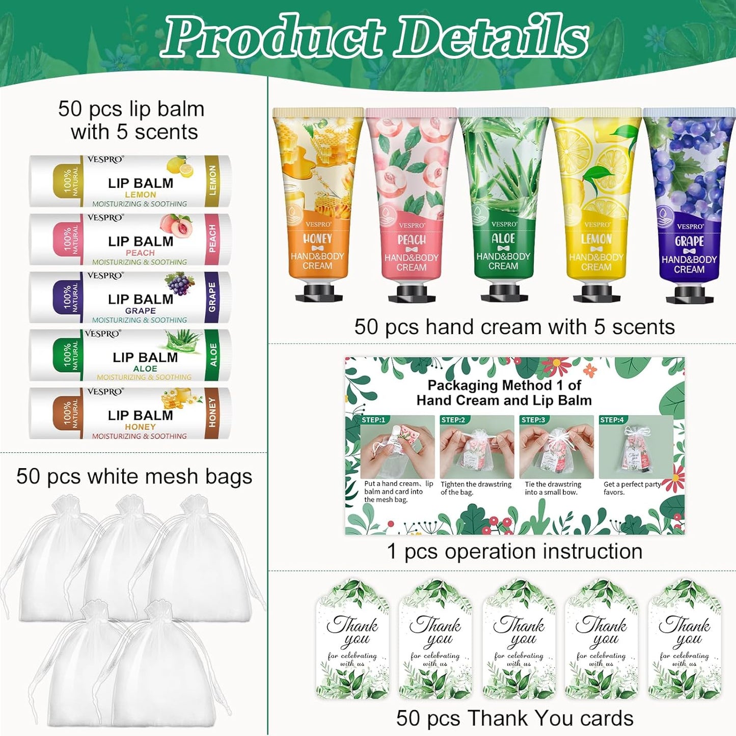 50 Sets Hand Cream Bulk and Lip Balm Bulk Gifts, Stocking Stuffers for Women, Christmas Gifts, Bridesmaid Gifts for Guests with Thank Card Organza Bags, Wedding Favors, Thank You Gifts and Small Gifts