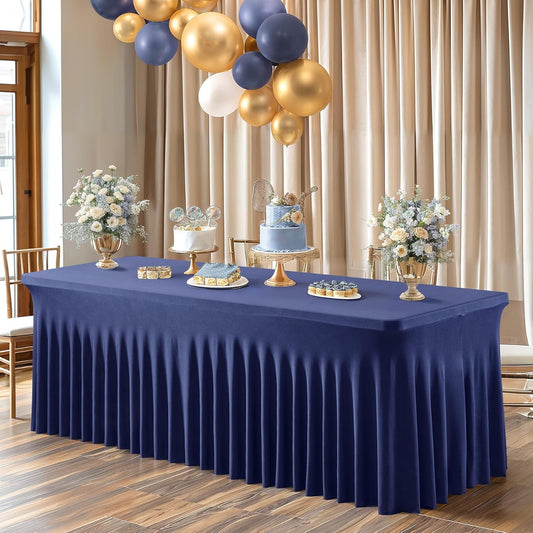 PARTISKY Navy Blue Spandex Tablecloth for 6ft Rectangle Tables, Stretchable Table Cover Skirt for Folding Tables Weddings Parties Banquets Events Trade Shows and Dessert Table