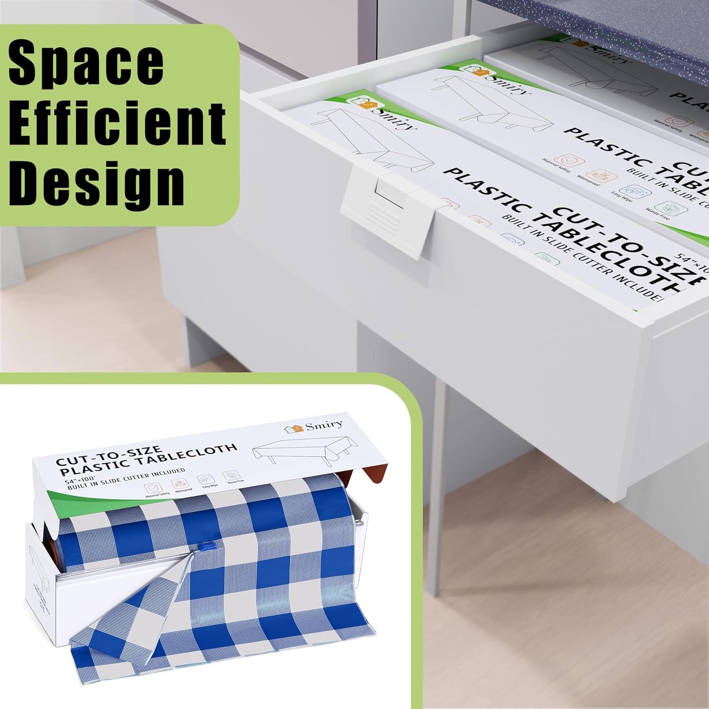 Smiry 54 Inch x 100 Feet Disposable Table Cover Roll, Blue & White Plastic Table Cloth in Cut-to-Size Box with Slide Cutter, Waterproof Rectangle Tablecloths for Weddings, Banquets, Outdoor