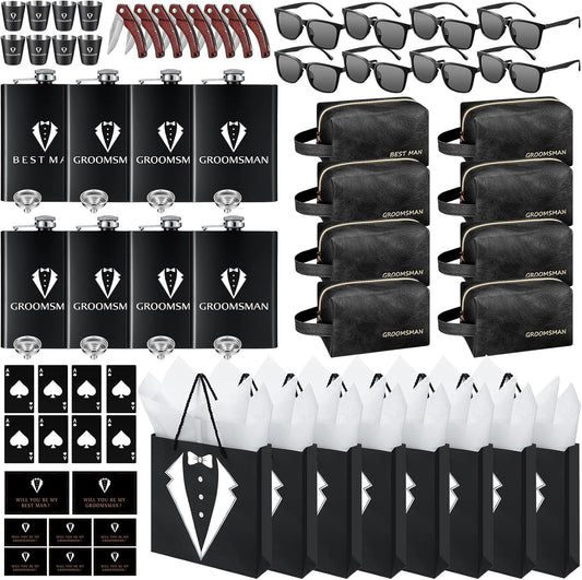 80Pcs Groomsmen Gifts Groomsmen Proposal Box with Flasks Sunglasses PU Leather Toiletry Bag Bottle Opener for Wedding Groomsman Best Man Gift (80, Black)