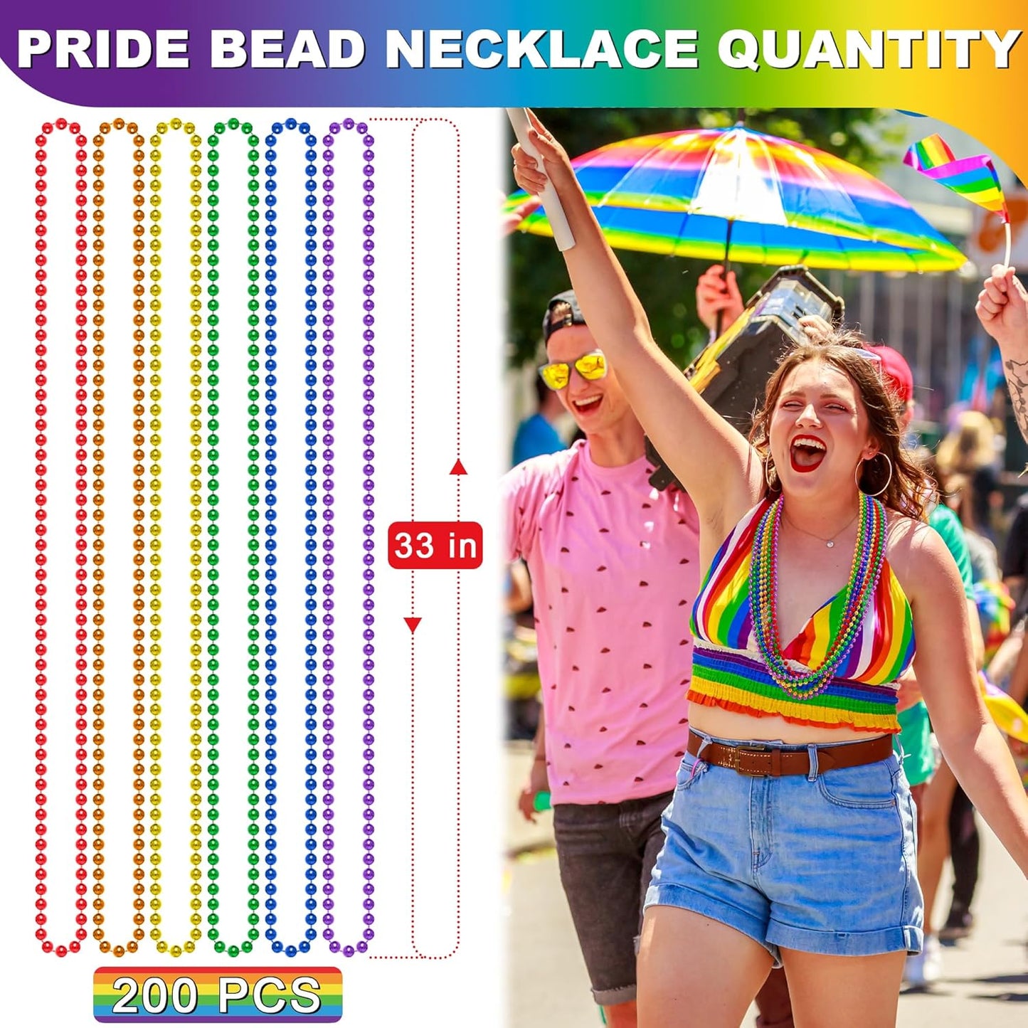 200 PCS Pride Bead Necklace, 33" Rainbow LGBT Party Supplies, Colorful Pride Beads 6 Colors Pride Parade Decorations LGBTQ Accessories Gay Lesbian Party Supplies Pride Month Stuff