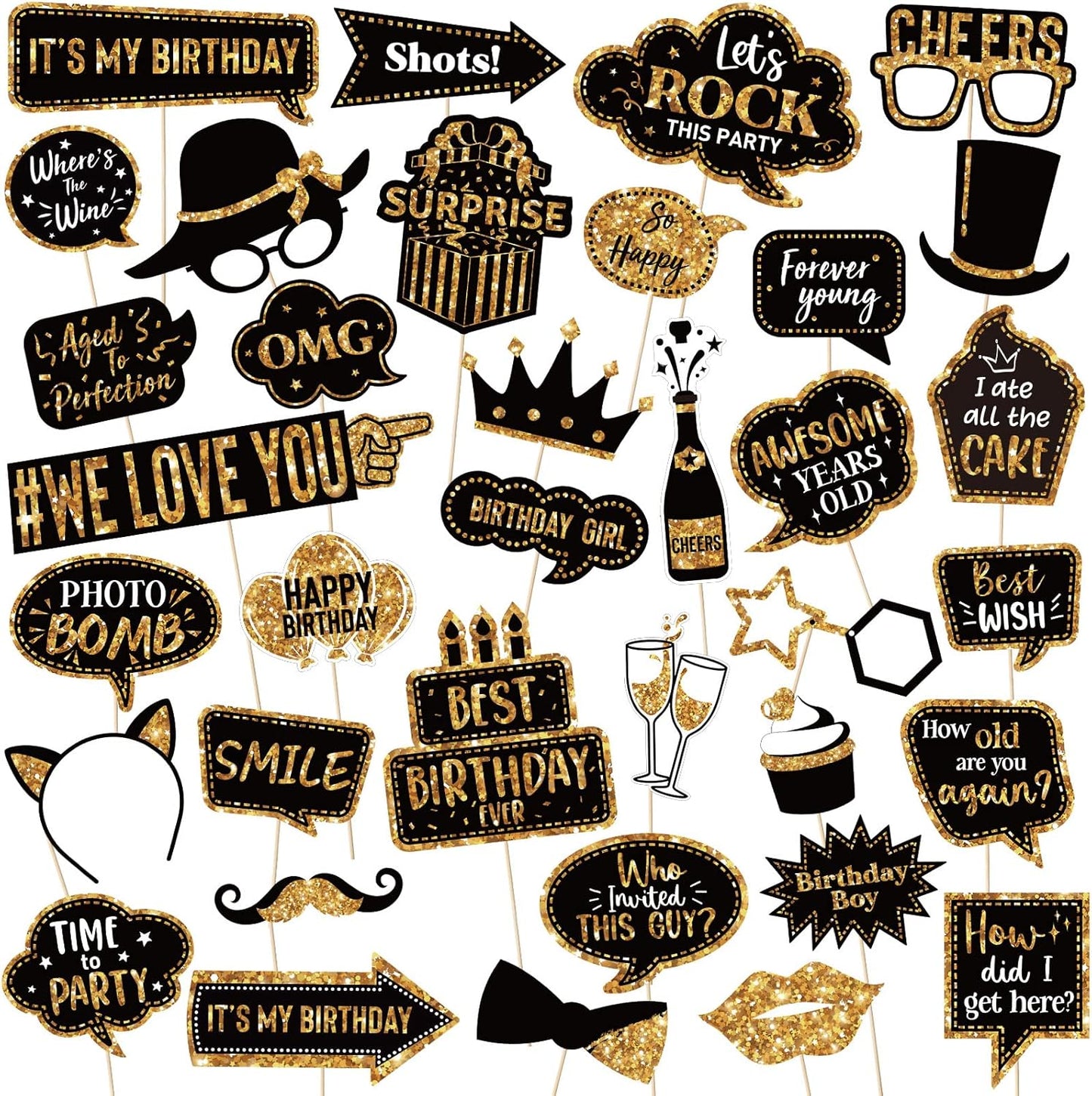Outus 36 Pcs Birthday Photo Booth Props Kit Happy Birthday Graduation Wedding Party Favors Supplies Bday Party Decor 40th- 50th-60th Photobooth Funny Cute Holiday Selfie Supplies(Gold and Black)