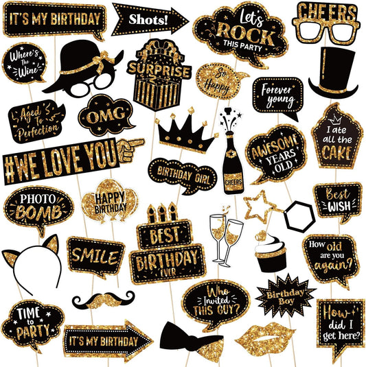 Outus 36 Pcs Birthday Photo Booth Props Kit Happy Birthday Graduation Wedding Party Favors Supplies Bday Party Decor 40th- 50th-60th Photobooth Funny Cute Holiday Selfie Supplies(Gold and Black)