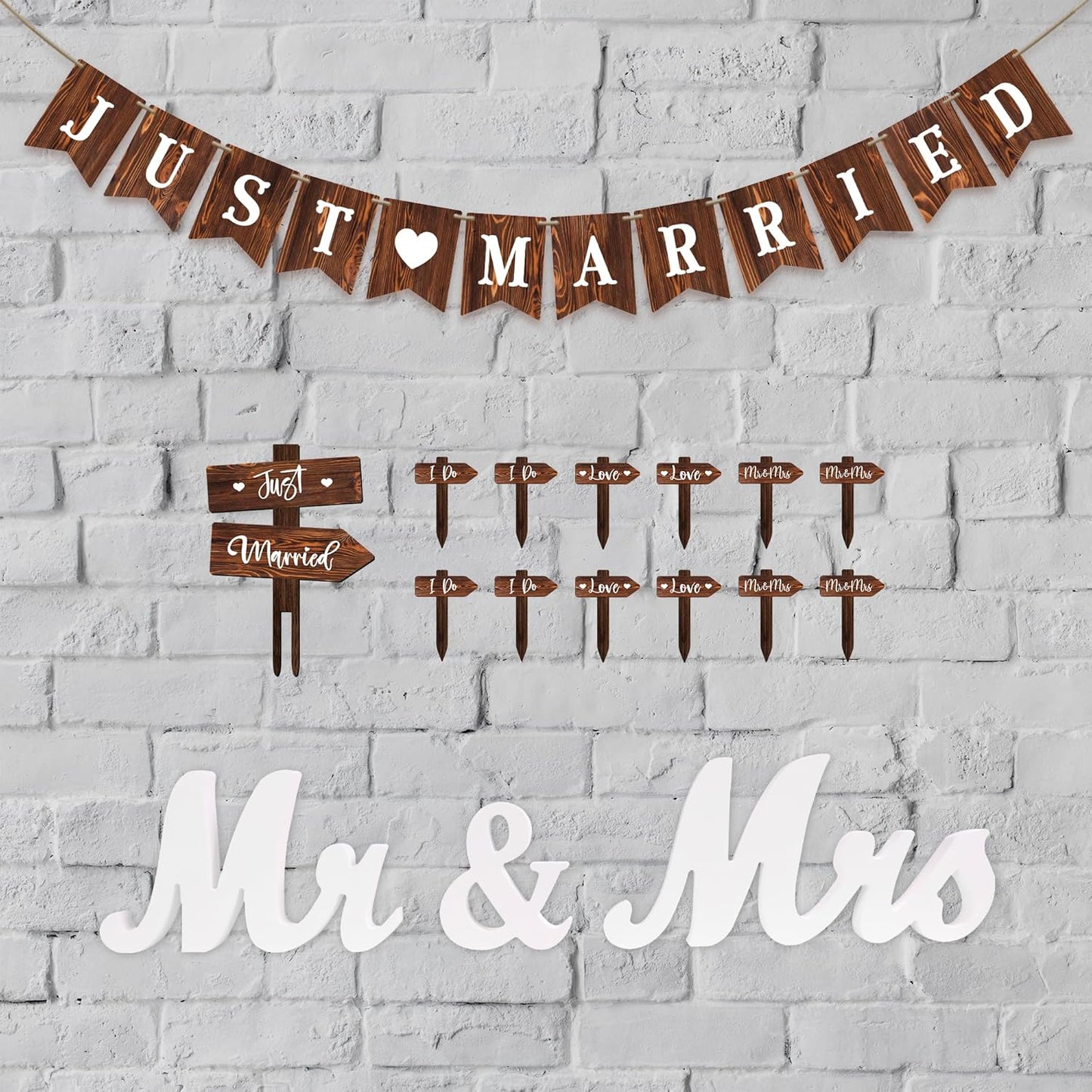 Rustic Wedding Decoration Set Just Married Cake Topper & 12 PCS Cupcake Toppers & Banner & Mr Mrs Table Sign in Wood