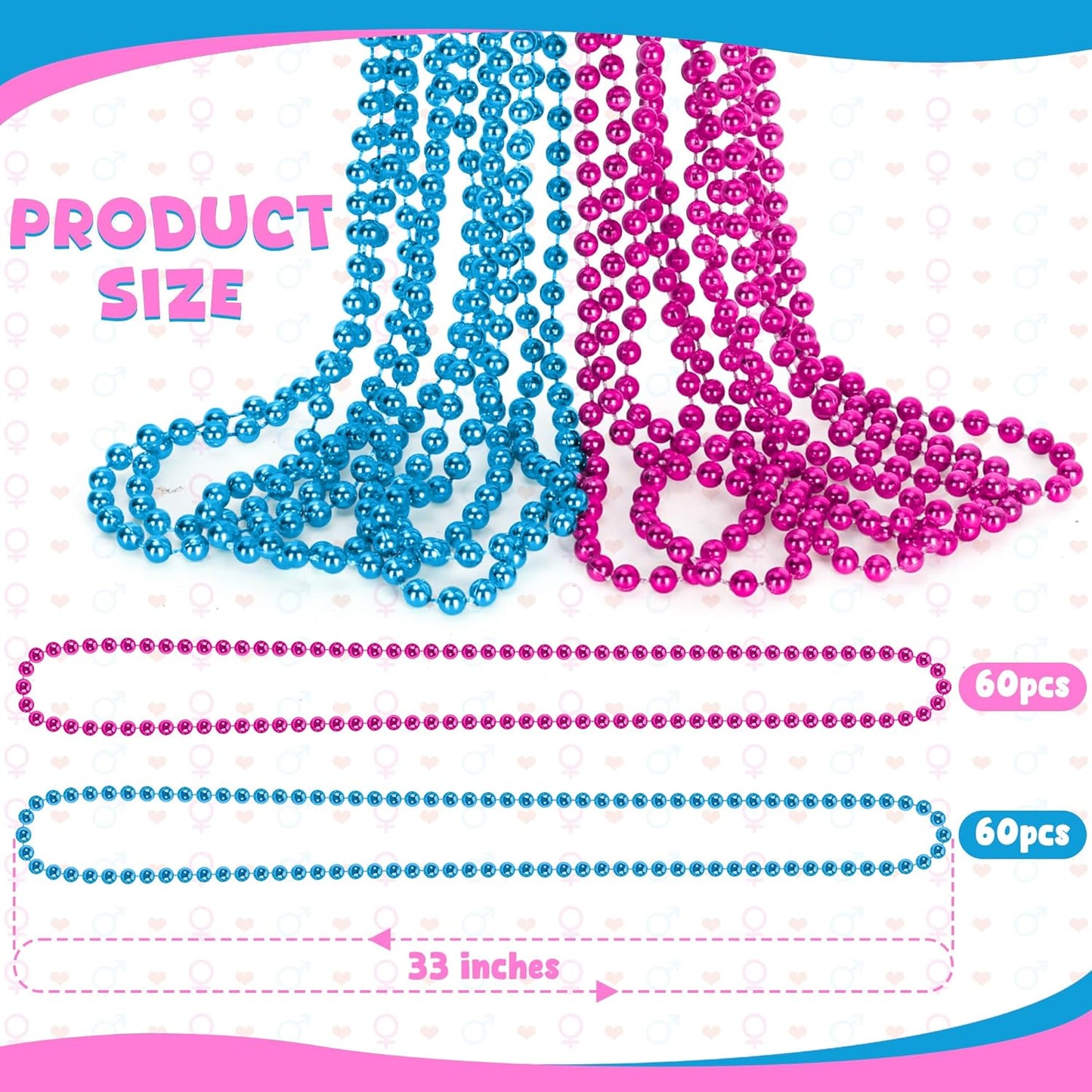 120 PCS Baby Gender Reveal Beads, 33'' Gender Reveal Necklace Decorations, Pink and Blue Round Bead Necklaces Bulk for Team Boy Team Girl, Creative Baby Gender Reveal Party Supplies Accessories