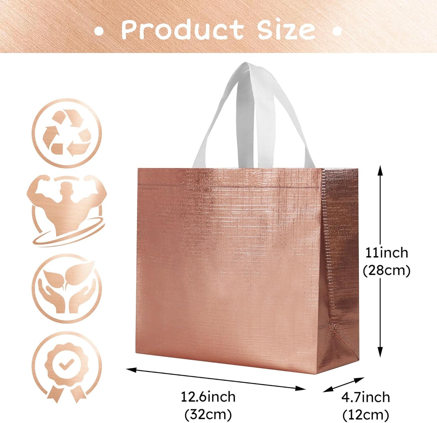 cabzymx Rose Gold Reusable Gift Bags with Metallic Design, 25 Pcs Non-woven Gift Bag Bulk with Handles, 12.6x4.7x11 In Party Bags for Wrapping Gifts, Birthday, Wedding, Parties, Graduation