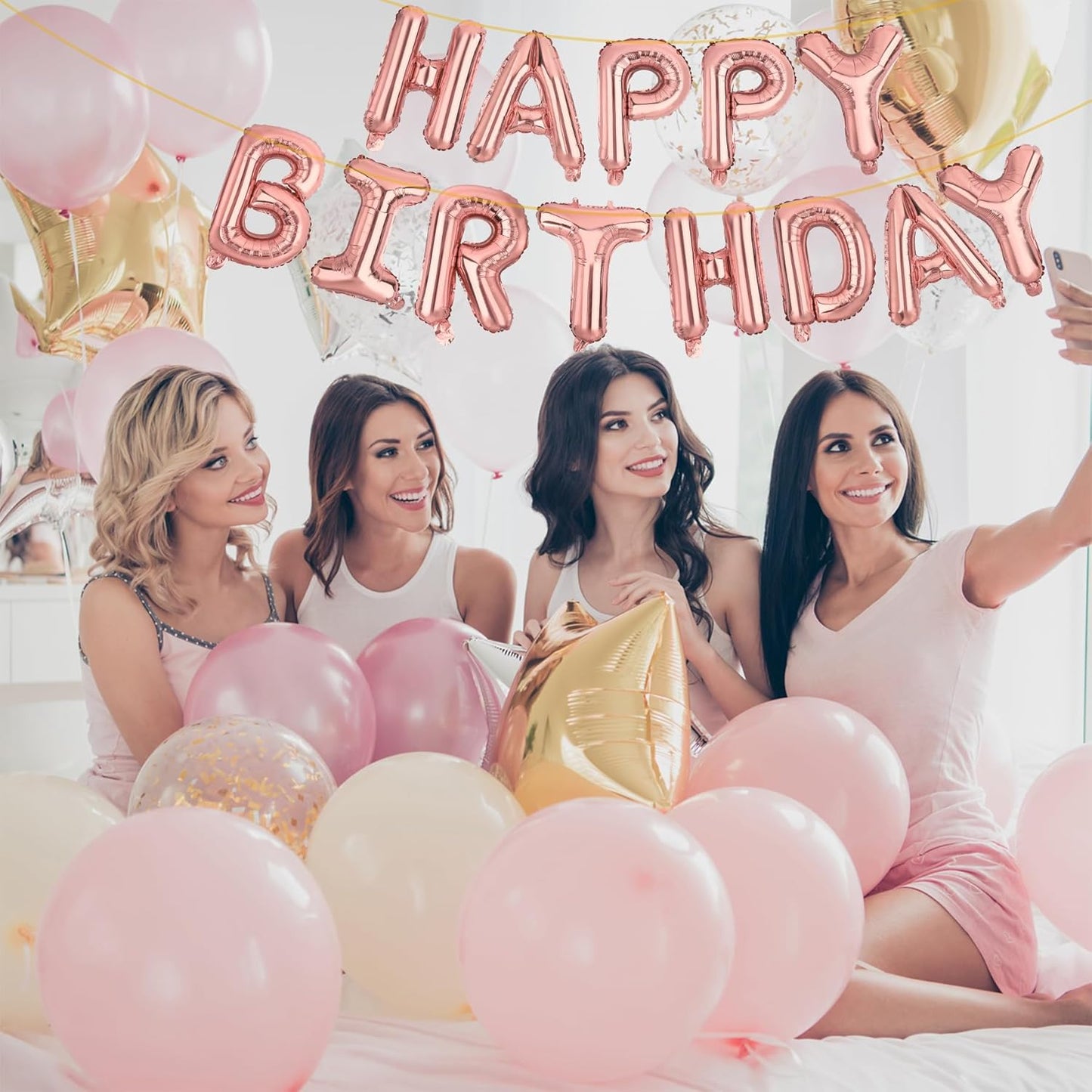 LIOZEOKUN Happy Birthday Balloon Letters 16 inch Mylar Foil Birthday Balloons Banner Sign for Birthday Party Decorations Supplies (Rose gold)
