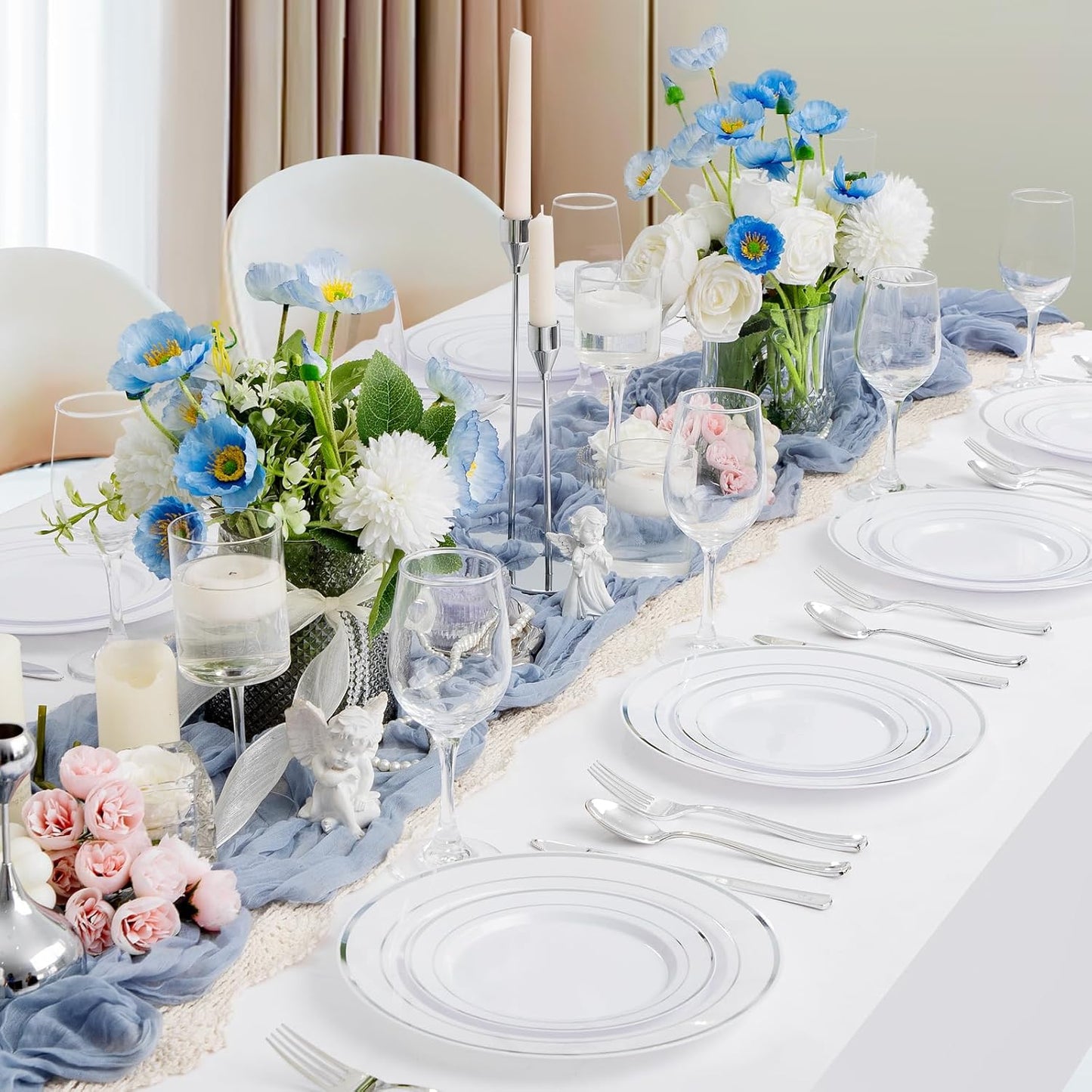 Supernal 102pcs White and Silver Plastic Plates Disaposable Party Plates White Silver Rim Heavy Duty Fancy Silver Plastic Dinnerware Set included 51 Dinner & Dessert Plates for Birthday and Wedding