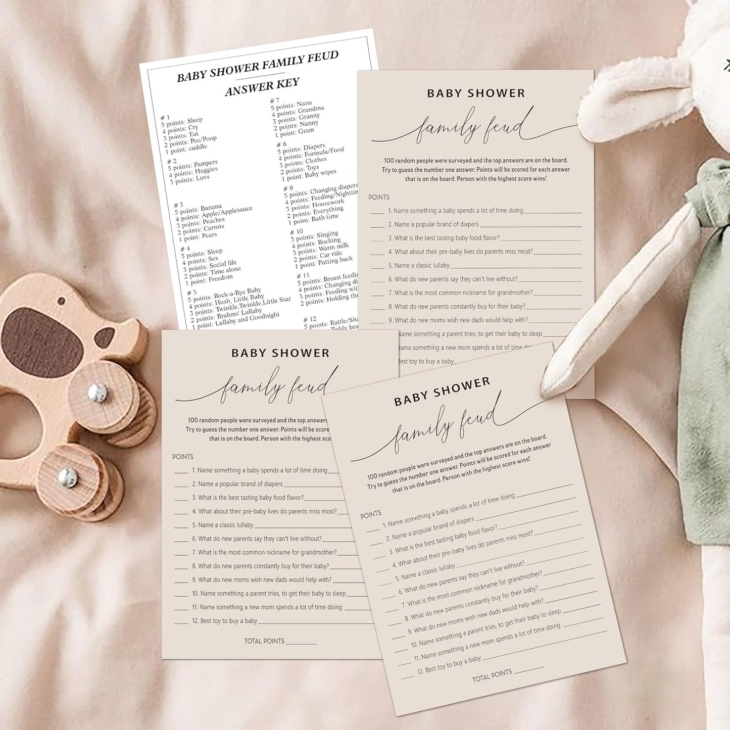 Baby Shower Family Feud Game - Pack of 30 Game Cards 1 Answer Key, Baby Shower Game for Boy & Girl, Gender Neutral Baby Shower Decorations, Baby Feud Game Supplies-07B-Light Brown