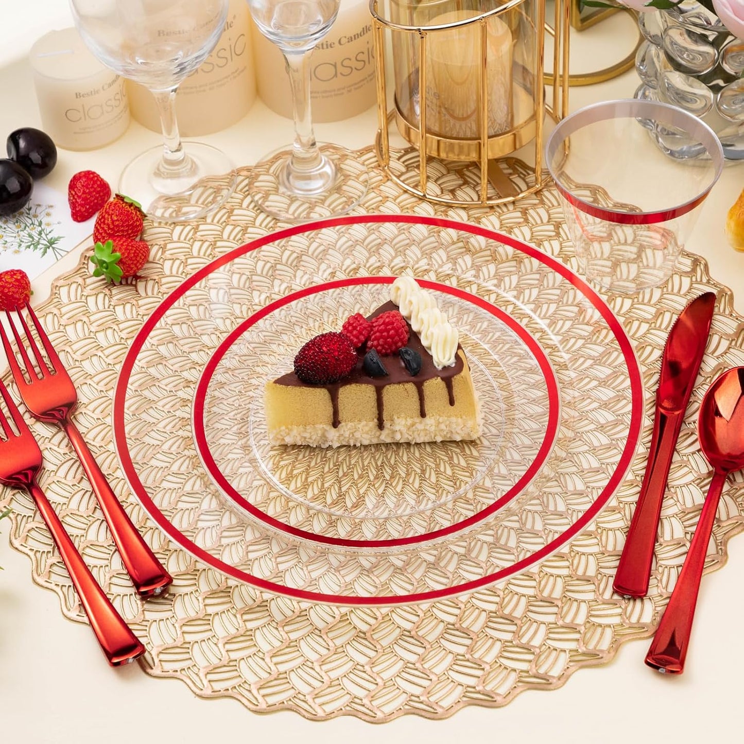 200PCS Red and Clear Plastic Plates, Disposable Plate Set with 100 Dinner Plate and 100 Dessert Plates for Party, Christmas, Valentine's Day