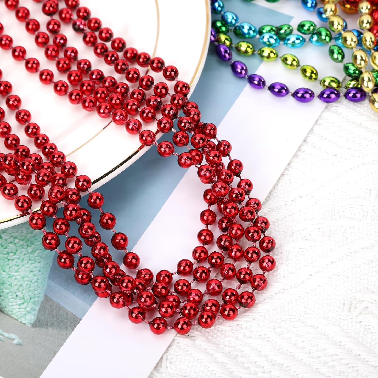 48 Pack Mardi Gras Beads Necklaces, 33 Inch Plastic Beads for Party Favors, Festival Decorations, Parade Throws, Christmas, St. Patrick's Day Celebrations