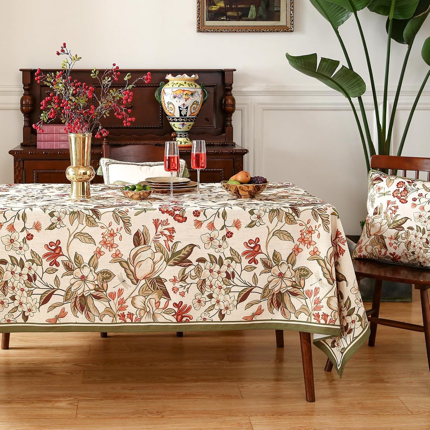 ISAENNE Designer Bohemian Linen Extra Long Tablecloth Rectangle,Colorful Floral Pattern Table Cloth,Wrinkle Resistant Decorative Tablecloths for Dining Thanksgiving Kitchen,67"*118"-Grace A