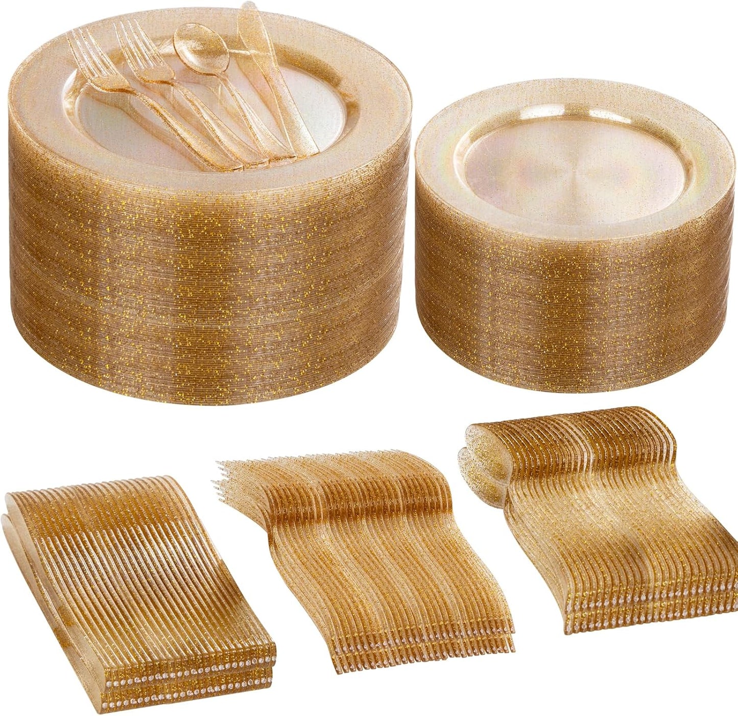I00000 600Pcs Gold Glitter Plastic Plates for 100 Guests, Plastic Dinnerware Set of 100 Glitter Disposable Plates, 100 Dessert Plates, 200 Forks, 100 Knives and 100 Spoons Perfect for Party & Wedding