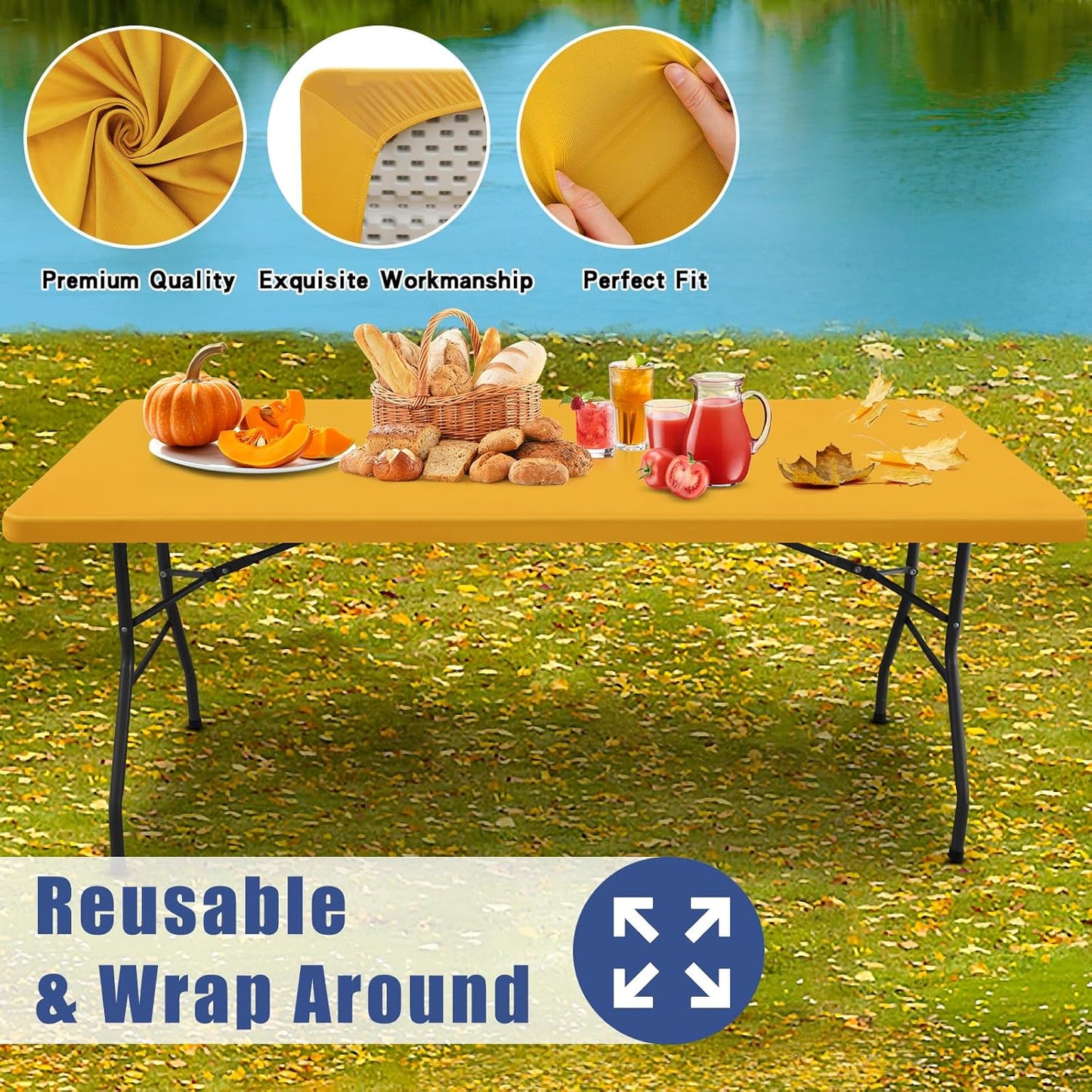 Spandex 8 Foot Rectangle Table Cloth 2 Pack, Elastic Fitted Tablecloths for Picnic, Stretch Washable Patio Table Cover for Outdoor, Camping, Banquet and Parties (Mustard Yellow, 30"x96")