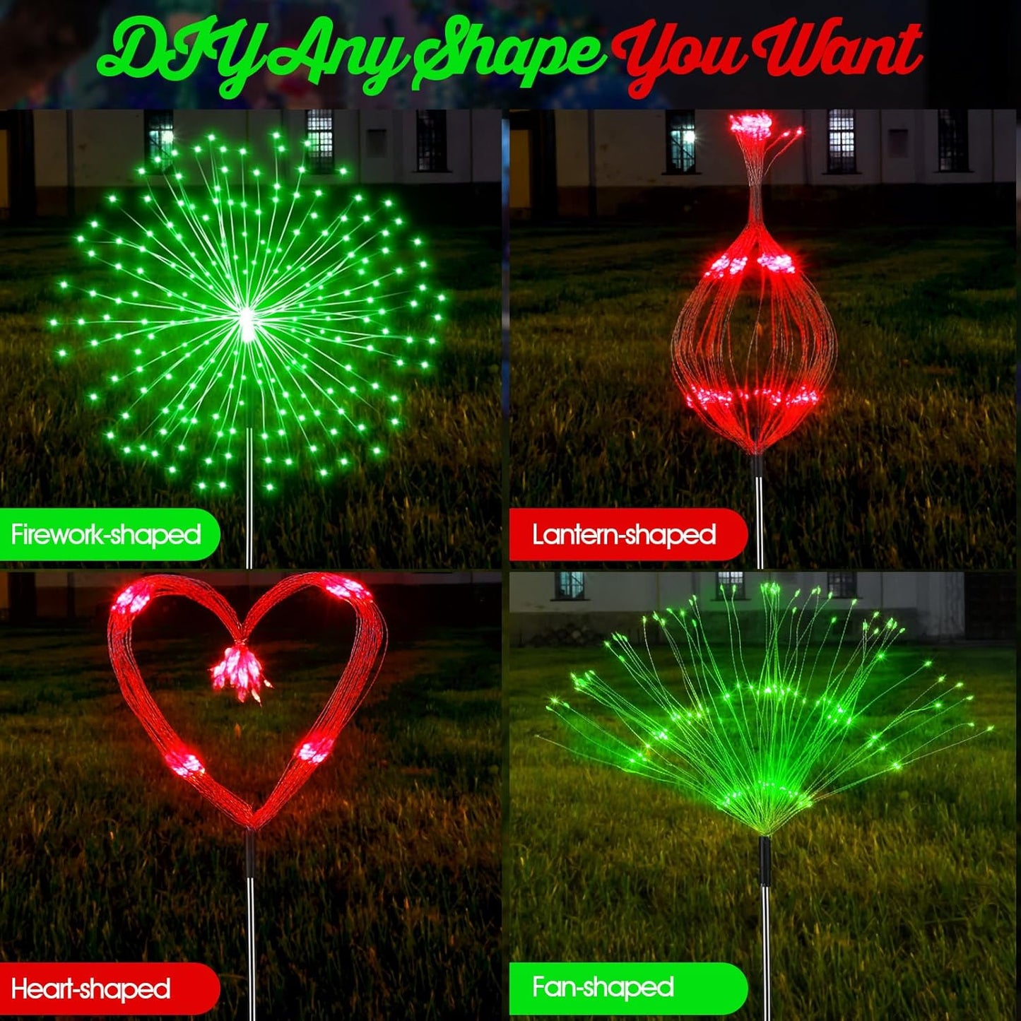 4 Pack Christmas Solar Firework Lights Decorations Garden Pathway Solar Power Light Stake Waterproof Landscape Lamp with 180 LED 8 Modes for Christmas Party Decoration(Red Green)