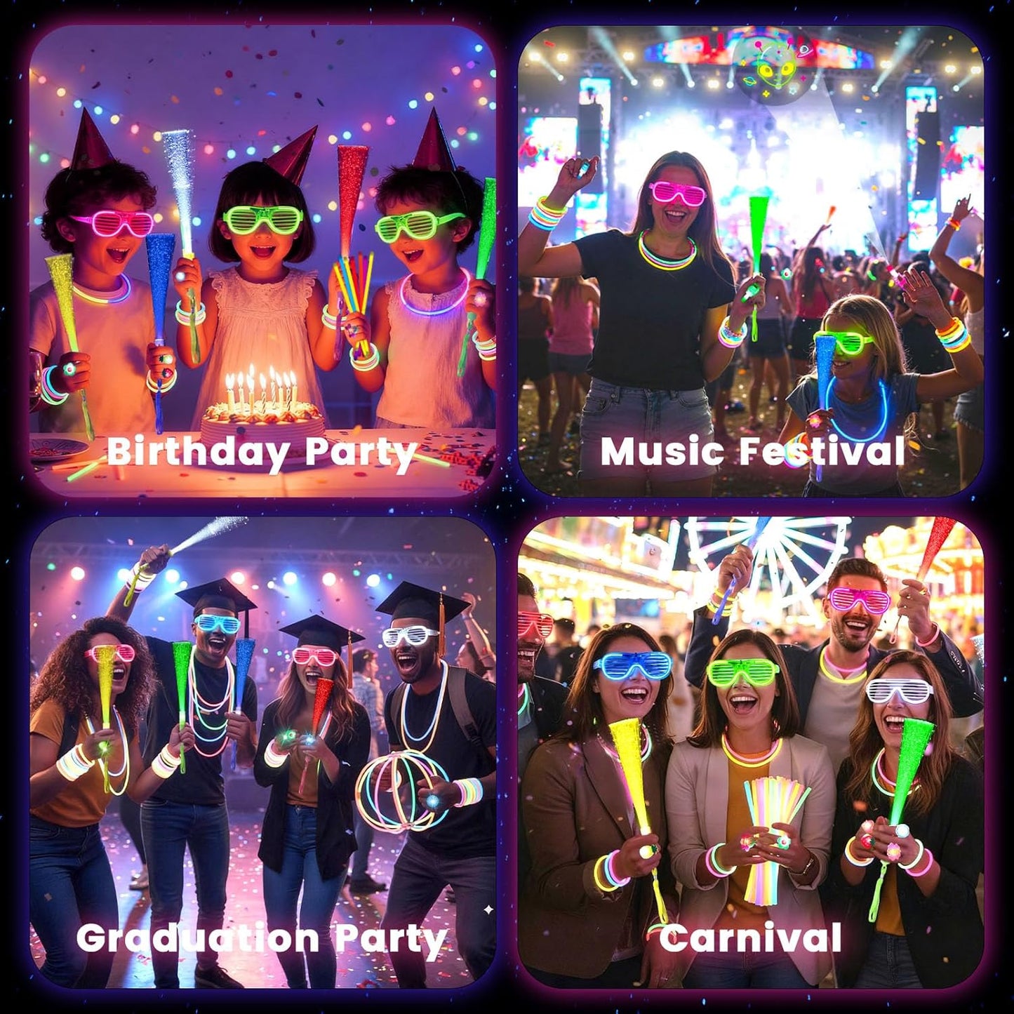LovesTown Glow in the Dark Party Supplies for Kids Adults, 260PCS Light up Party Favors with LED Glasses Glow Sticks Finger Lights for Christmas New Year Raves Birthday Wedding