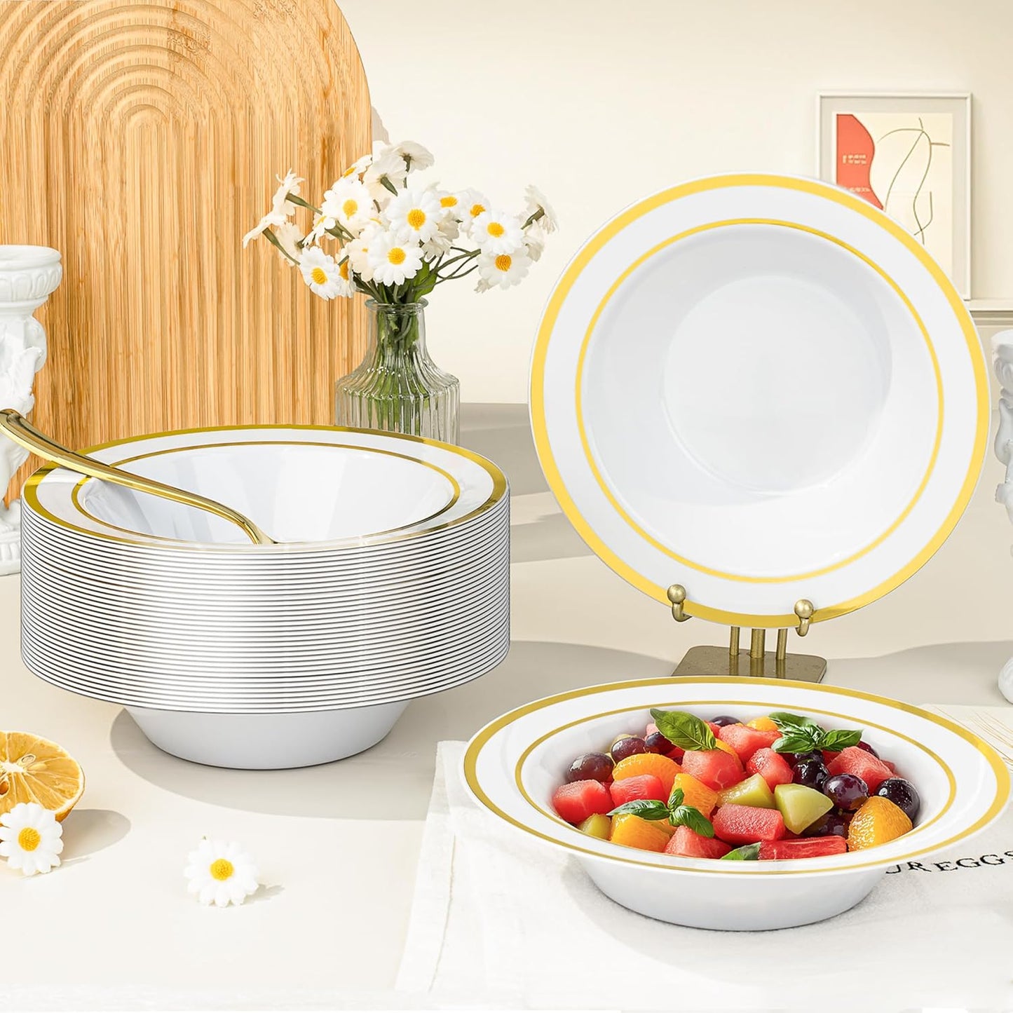 BESTVIP 50 Pack Plastic Bowls with Gold Rim, 12 oz Disposable Soup Bowls, Heavy-duty Dessert Salad Bowl for Party, Wedding, Christmas, Thanksgiving, Dinner, Catering