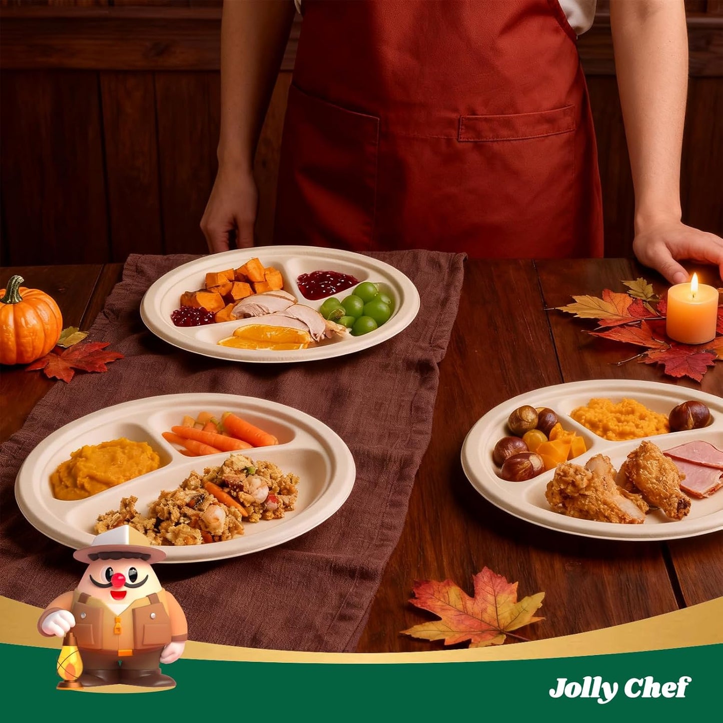 JOLLY CHEF Compostable 𝟯 Compartment Paper Plates 𝟵 𝗜𝗻𝗰𝗵 [𝟭𝟮𝟱 𝗣𝗮𝗰𝗸] Heavy Duty Divided Disposable Eco-Friendly Bagasse Biodegradable Round Trays for Dinner Lunch Thanksgiving Day (Brown)