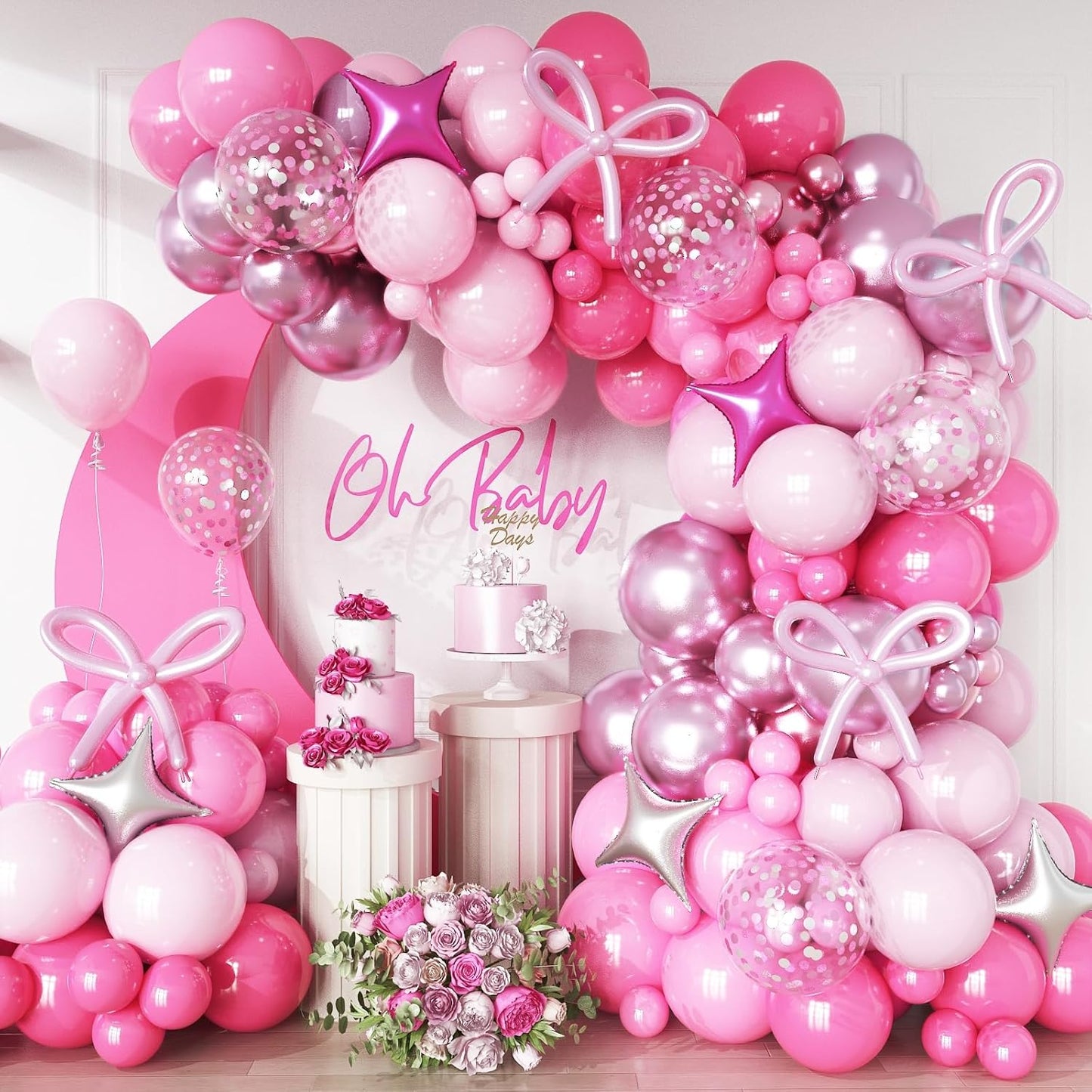 Hot Pink Balloons Garland Arch Kit, Metallic Chrome Magenta Balloon Happy Birthday Decorations Baby Dark Pink Silver Star Confetti Balloons for Girls Birthday Princess Wedding Baby Shower Party Decor