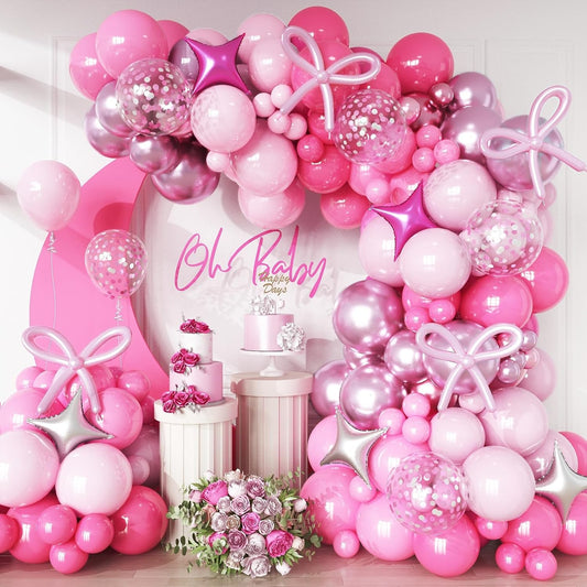 Hot Pink Balloons Garland Arch Kit, Metallic Chrome Magenta Balloon Happy Birthday Decorations Baby Dark Pink Silver Star Confetti Balloons for Girls Birthday Princess Wedding Baby Shower Party Decor
