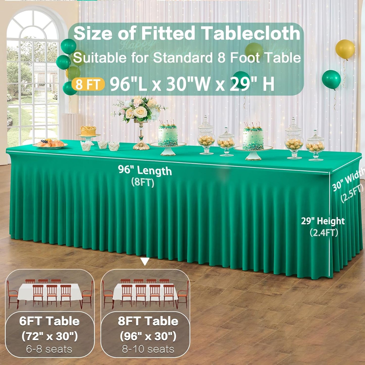 4 Pack Emerald Green Spandex Table Clothes for 8 Foot Rectangle Tables, Wrinkle Free Fitted Table Cover 8ft Green Stretchy Tablecloths with Skirt for Parties Weddings Birthday Banquet Baby Shower